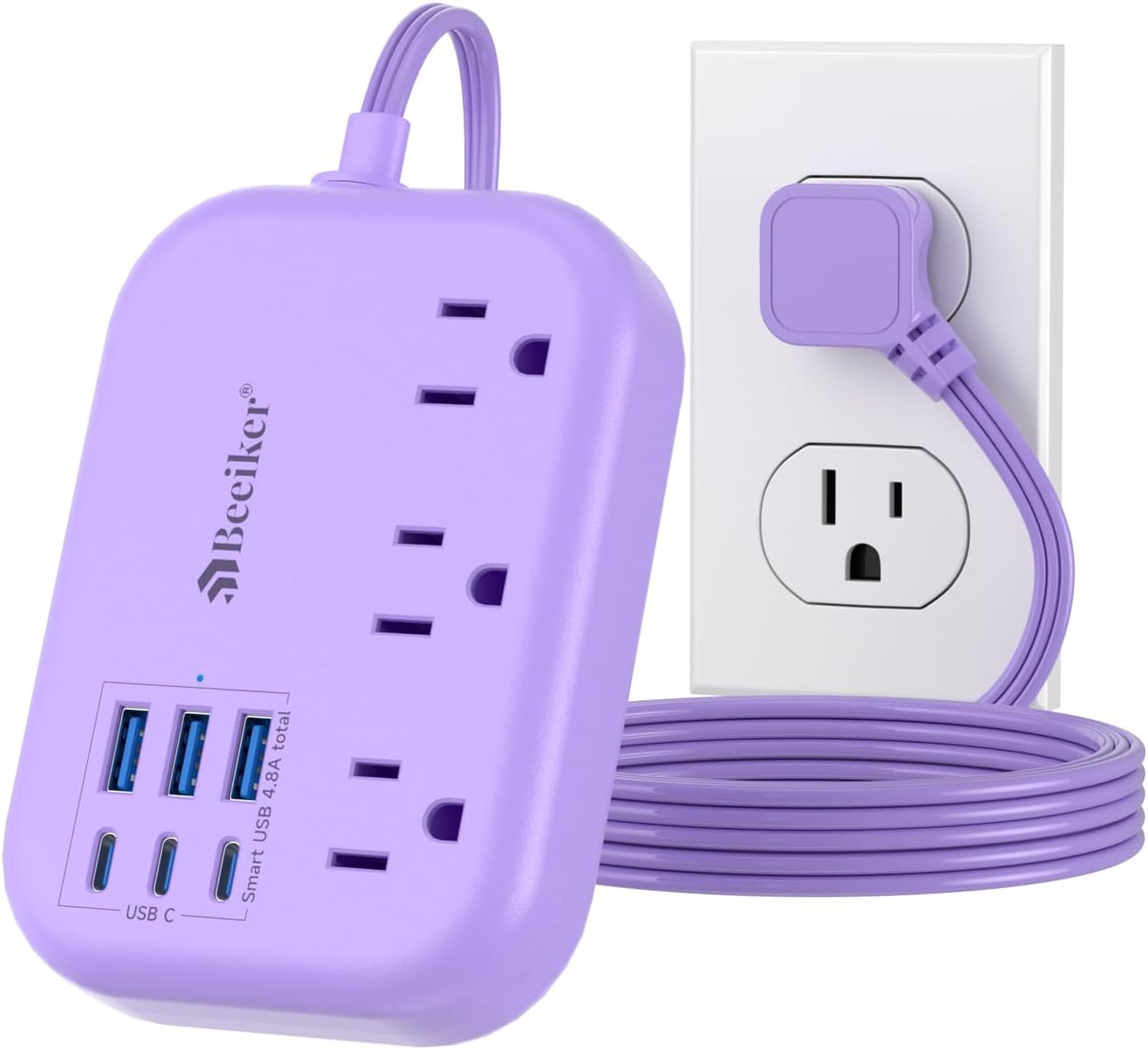 6 USB (3 USB C) Purple Travel Power Strip, 5Ft Extension Cord, 3 Outlets