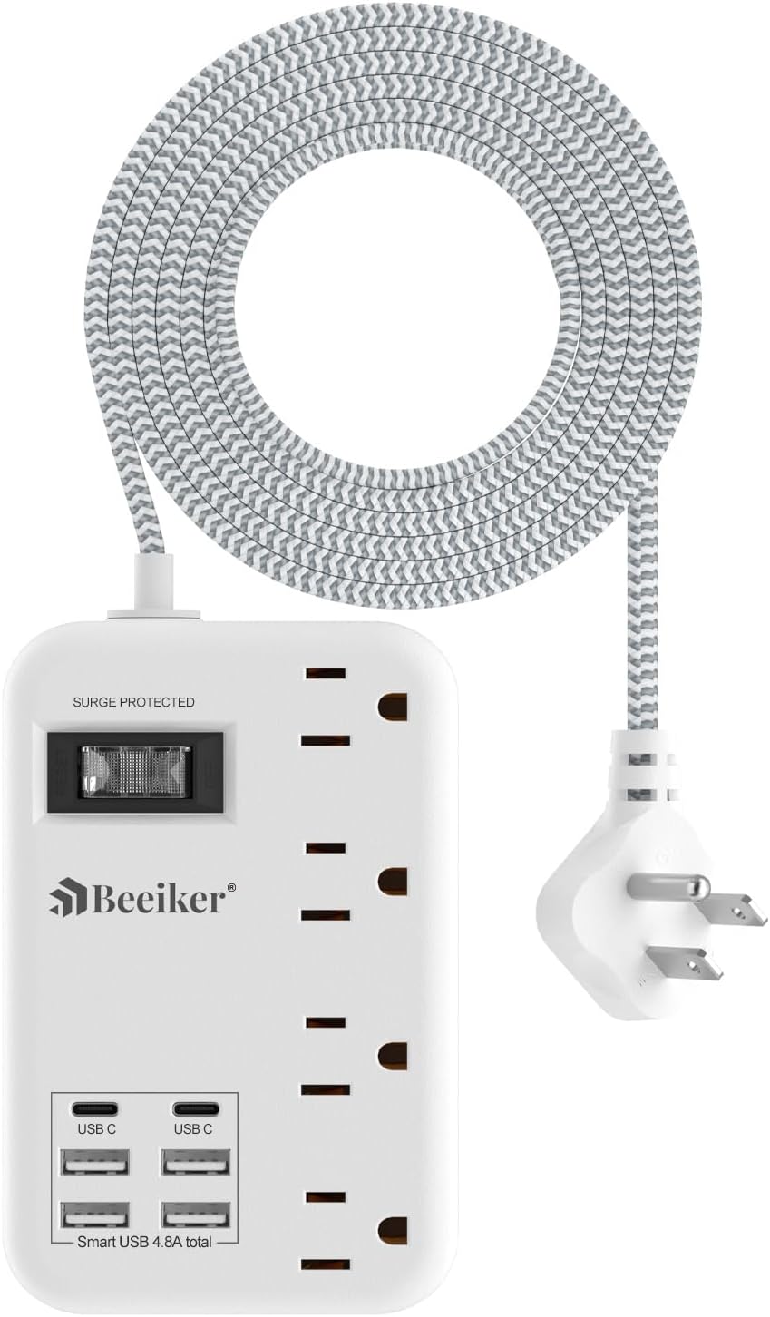 6 USB Travel Power Strip,4 Outlets,5Ft Extension Cord,Surge Protector,13A